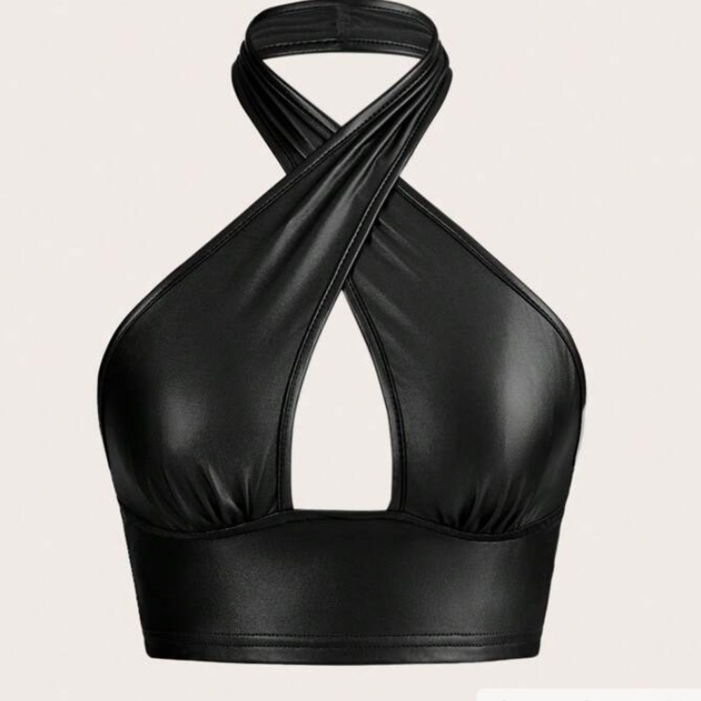 Black Faux Leather Crisscross Halter Crop Top